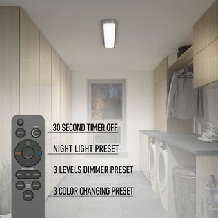 A modern laundry room features the Artika Europa 36 LED flush mount light with remote, washer and dryer, and wooden cabinets. Text highlights timer, night light, dimmer, and color change options. The remote is visible in the foreground.