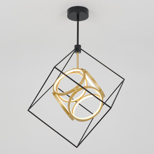 The Artika Luxury LED pendant light features a black metal cube frame with two gold rings and built-in LEDs, suspended from a black ceiling mount against a white background.