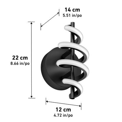 Artika’s Chorus LED Wall Light features a modern black design with a spiral white LED. The fixture measures 22 cm (8.7 in) high, 14 cm (5.5 in) wide, and 12 cm (4.7 in) deep, with labeled arrows showing both units.