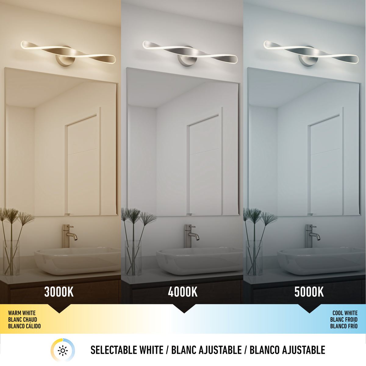 A bathroom vanity mirror is shown under three different light temperatures: warm white (3000K), neutral white (4000K), and cool white (5000K), with corresponding lighting effects and color tones displayed.