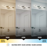 A bathroom vanity mirror is shown under three different light temperatures: warm white (3000K), neutral white (4000K), and cool white (5000K), with corresponding lighting effects and color tones displayed.