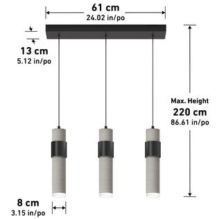 The Artika Barden 3-light LED pendant features three cylindrical lights hanging at varied heights from a rectangular ceiling mount (61 cm wide), each pendant 13 cm tall, 8 cm wide, and max fixture height of 220 cm. All dimensions labeled.