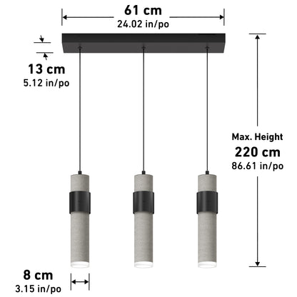 The Artika Barden 3-light LED pendant features three cylindrical lights hanging at varied heights from a rectangular ceiling mount (61 cm wide), each pendant 13 cm tall, 8 cm wide, and max fixture height of 220 cm. All dimensions labeled.