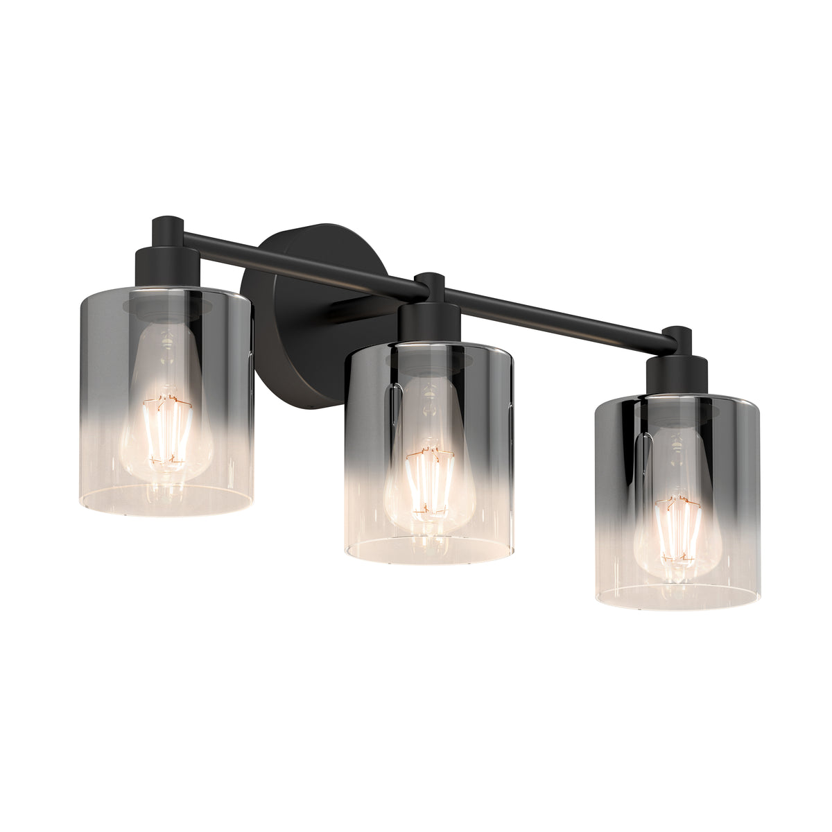 A modern wall-mounted light fixture with three exposed light bulbs, each enclosed in a cylindrical, smoky glass shade, attached to a horizontal black metal bar and round wall plate.