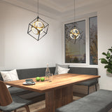 A modern dining area with a wooden table, gray cushioned benches, geometric pendant lights, a plant, and a window showing trees and a sunset outside. The table has a water bottle, glass, and green apples.