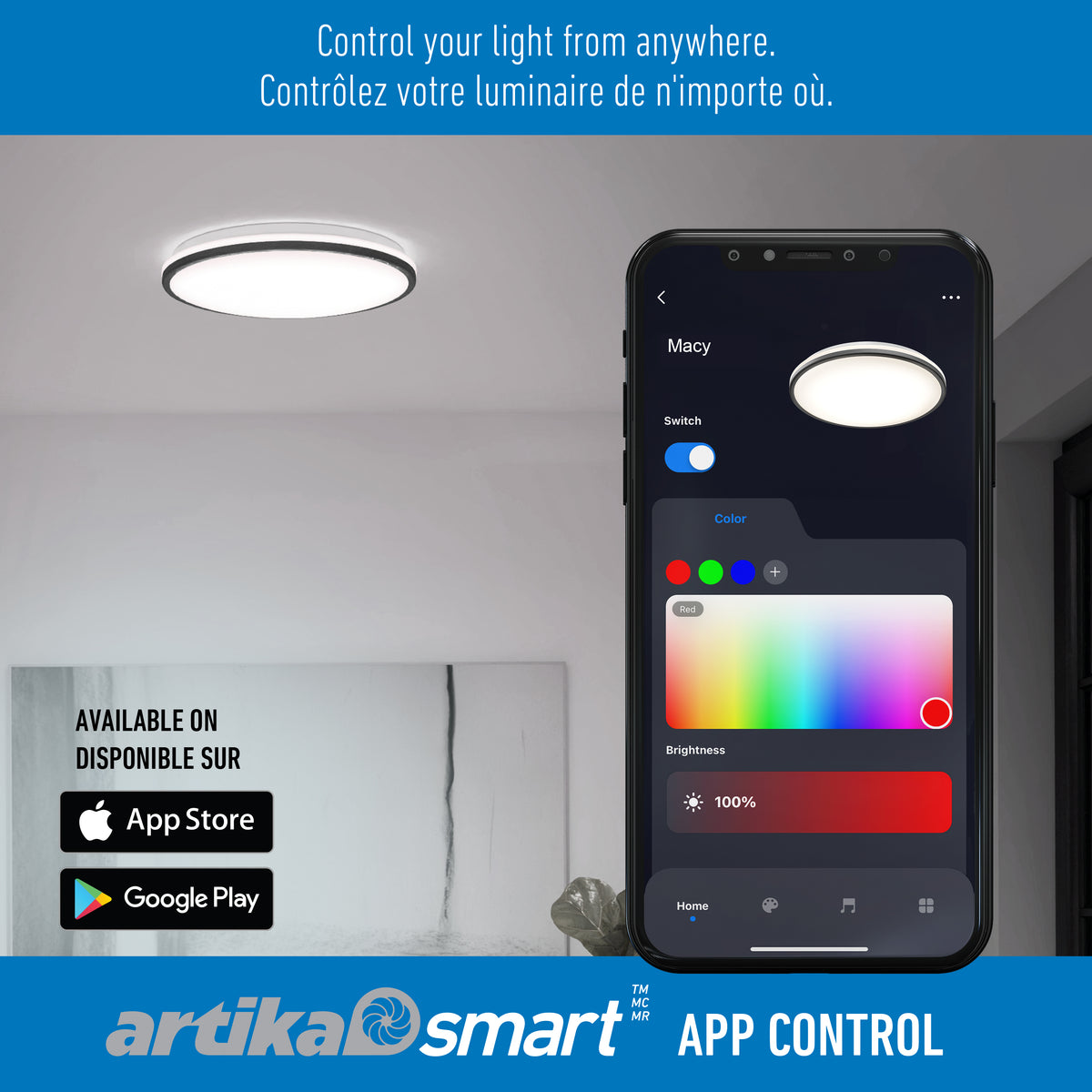 A smartphone displays an app interface for controlling a ceiling light, showing options for color and brightness. The image promotes Artika Smart app control, with download links for the App Store and Google Play.