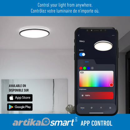 A smartphone shows the Artika Macy 15 in. LED modern flush mount light RGB Wifi app, offering color and brightness controls. Available on App Store and Google Play. Text above is in English and French.