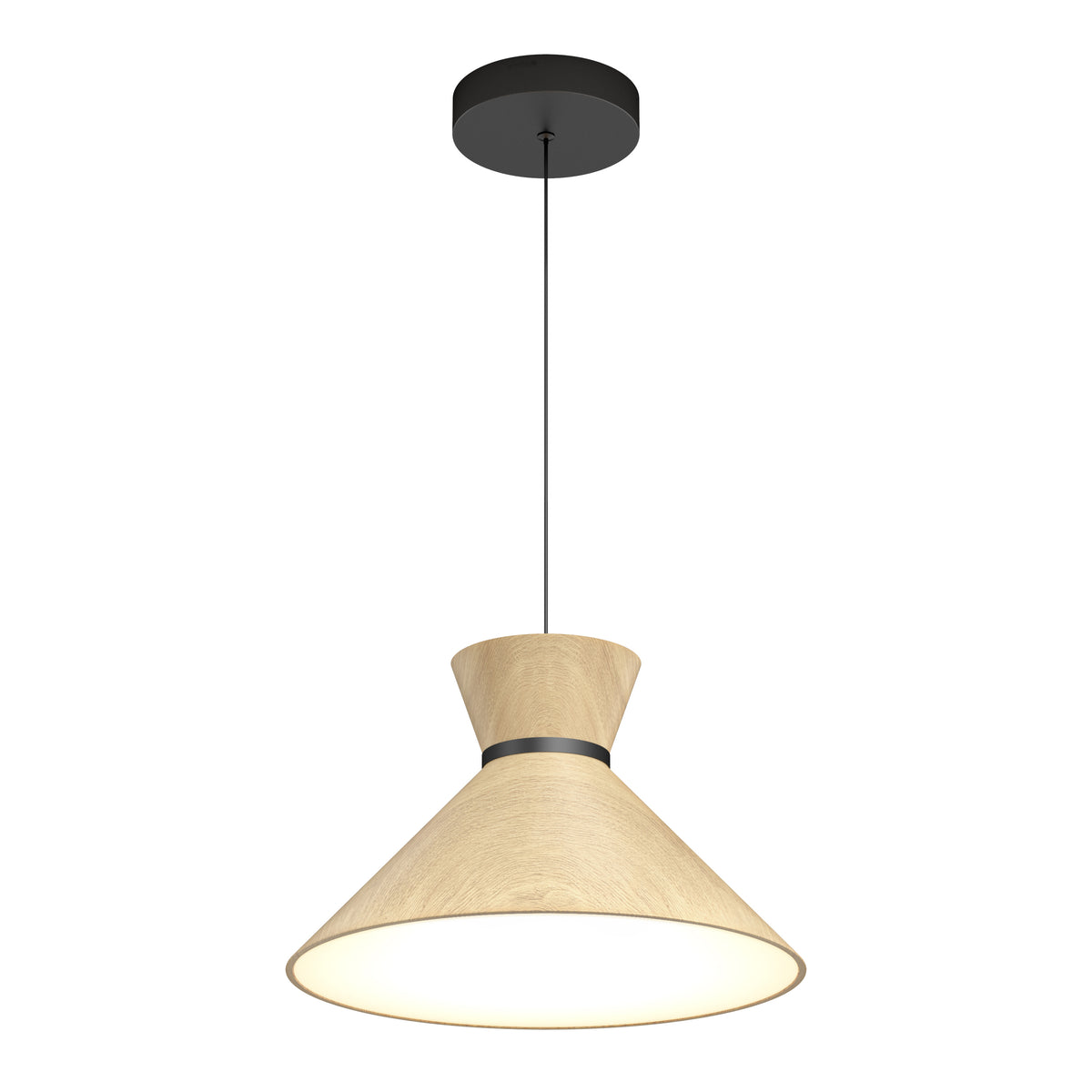 A modern pendant light with a wide, conical, light wood shade, suspended by a black cord from a round, black ceiling mount. The light is on, illuminating the bottom of the shade.