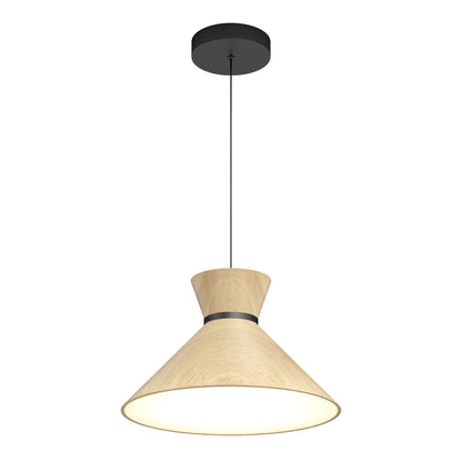 The Artika Inoa LED pendant light features a conical wooden shade, black ceiling mount, and black cord, emitting a soft glow from the wide bottom opening. It offers 5 CCT options for customizable lighting.