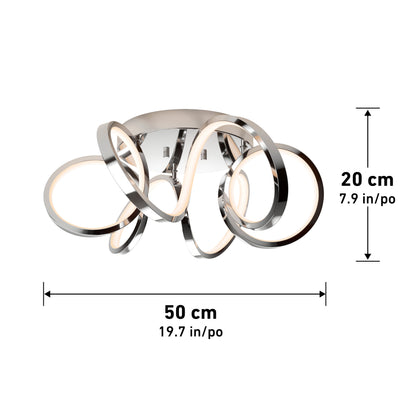 The Artika Swirl Ribbon LED flush mount light is a modern, dimmable ceiling fixture featuring intertwined circular rings and a chrome finish. It measures 50 cm (19.7 in) wide by 20 cm (7.9 in) high, as shown with labeled arrows.