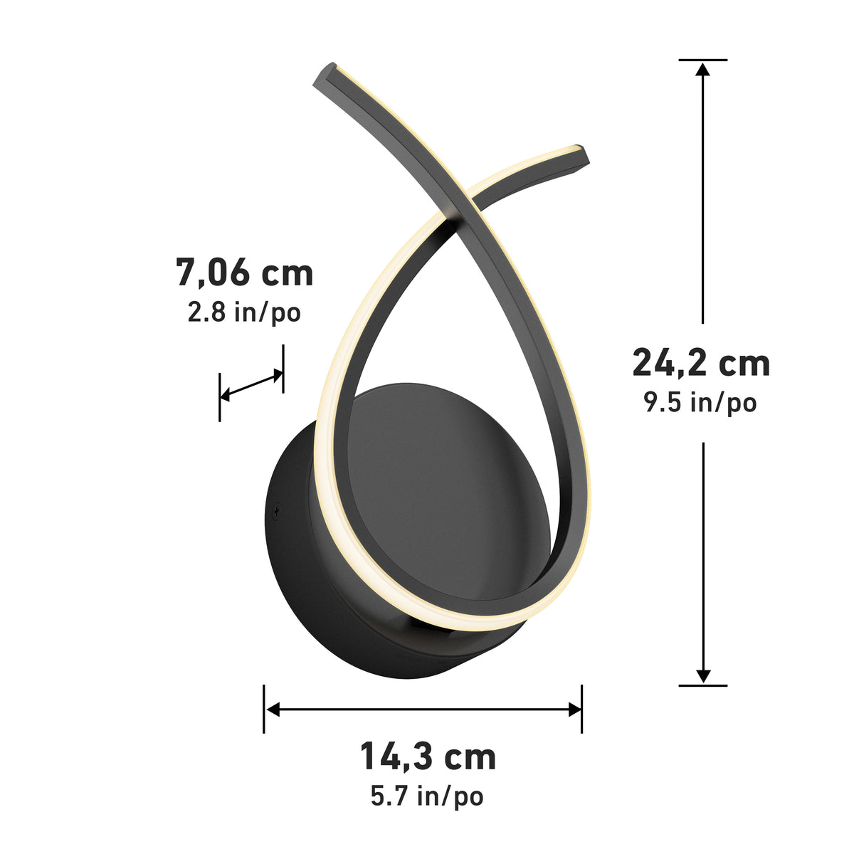 Black modern LED wall sconce with an abstract loop design, featuring dimensions: height 24.2 cm (9.5 in), width 14.3 cm (5.7 in), and depth 7.06 cm (2.8 in). Measurements are labeled with arrows.