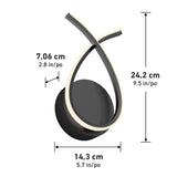 Black modern LED wall sconce with an abstract loop design, featuring dimensions: height 24.2 cm (9.5 in), width 14.3 cm (5.7 in), and depth 7.06 cm (2.8 in). Measurements are labeled with arrows.