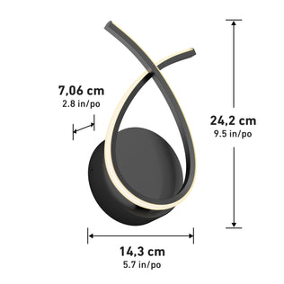 The Artika Gamma modern LED wall sconce 5 CCT features a looped, curved design with a black circular base and measures 24.2 cm tall, 14.3 cm wide, and 7.06 cm deep (9.5 x 5.7 x 2.8 inches).