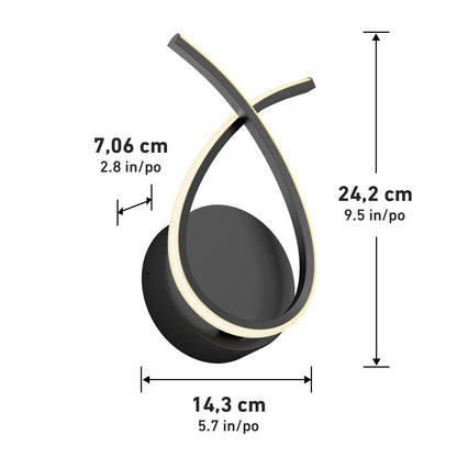 The Artika Gamma modern LED wall sconce 5 CCT features a looped, curved design with a black circular base and measures 24.2 cm tall, 14.3 cm wide, and 7.06 cm deep (9.5 x 5.7 x 2.8 inches).
