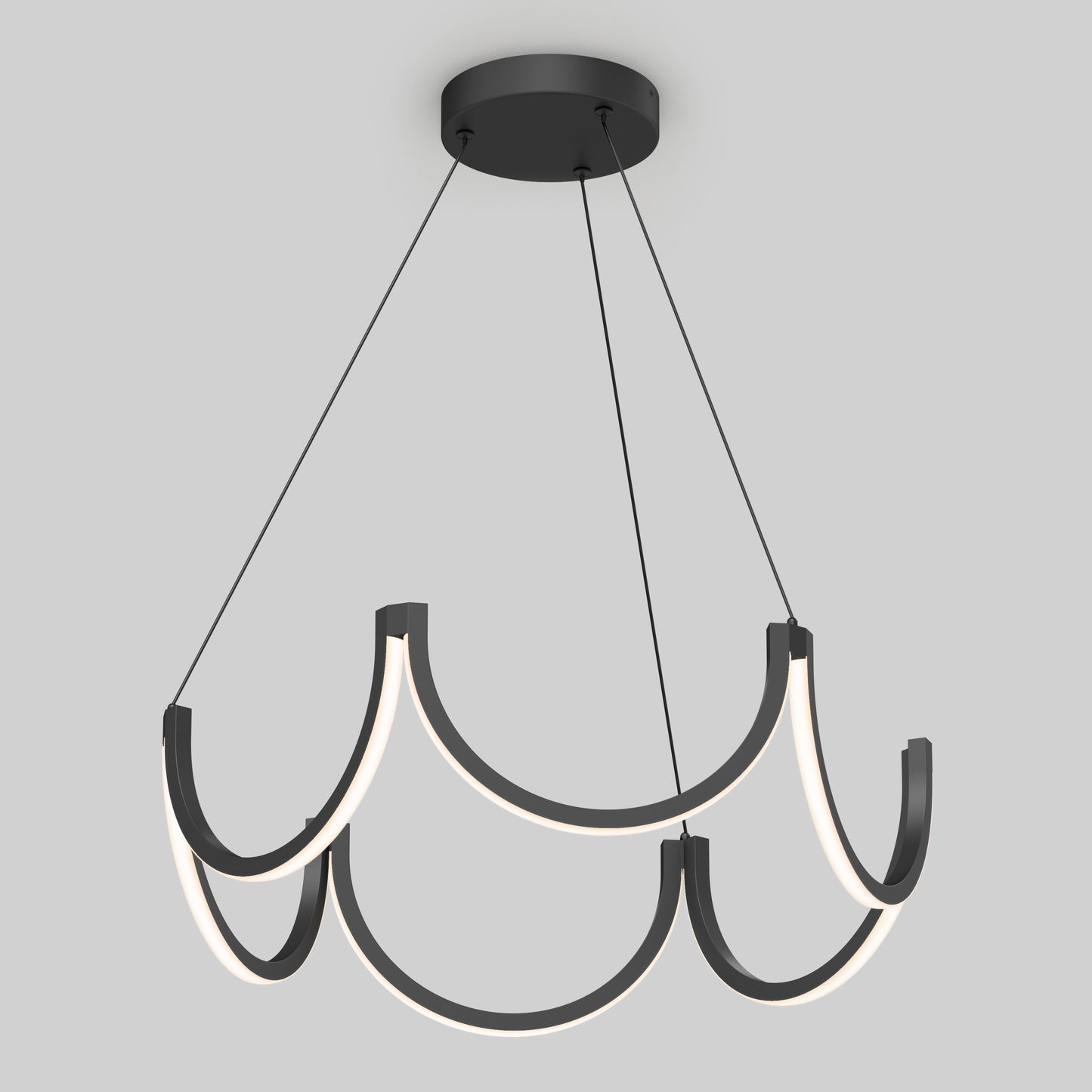 The Adelia LED pendant light by Artika features three modern, wave-like black arms with integrated white LED strips, suspended by thin black cables from a round ceiling mount. Adjustable with 5 CCT settings for versatile lighting.