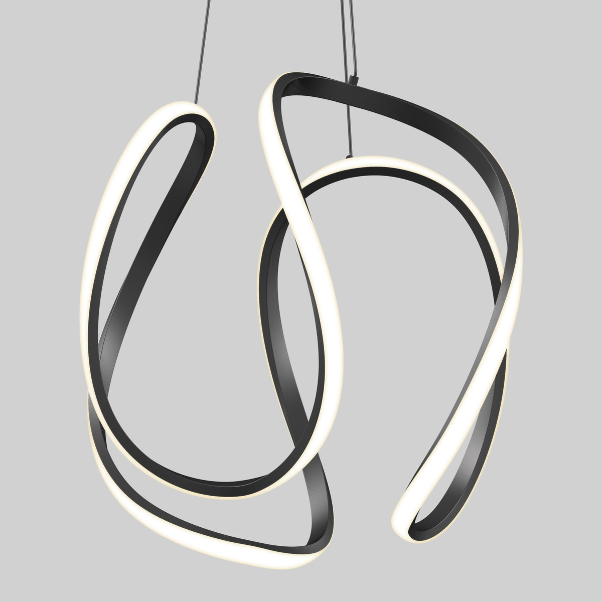 A modern, abstract pendant light featuring two looping, intertwined black bands with integrated white LED strips, suspended from the ceiling against a plain light gray background.