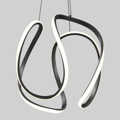 The Artika Vivaldi Big LED pendant light 5 CCT features black curved bands with glowing white LEDs, suspended by thin wires against a light grey background for a modern, abstract look.