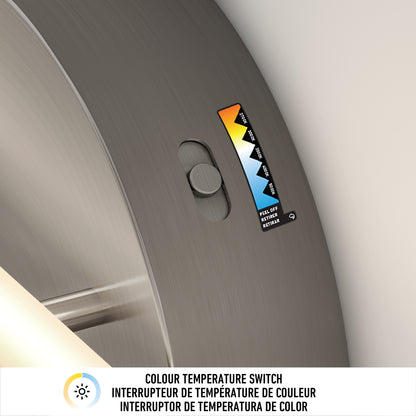 A close-up of the Artika Cisco modern LED bathroom vanity light shows its 5 CCT color temperature switch with a labeled warm-to-cool scale. Below, “COLOUR TEMPERATURE SWITCH” appears in English, French, and Spanish.