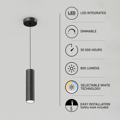The Artika Cosmic modern LED pendant light 3 CCT is a black cylindrical fixture with integrated LED, dimmable settings, selectable white technology, 50,000-hour lifespan, 800 lumens output, and easy installation.