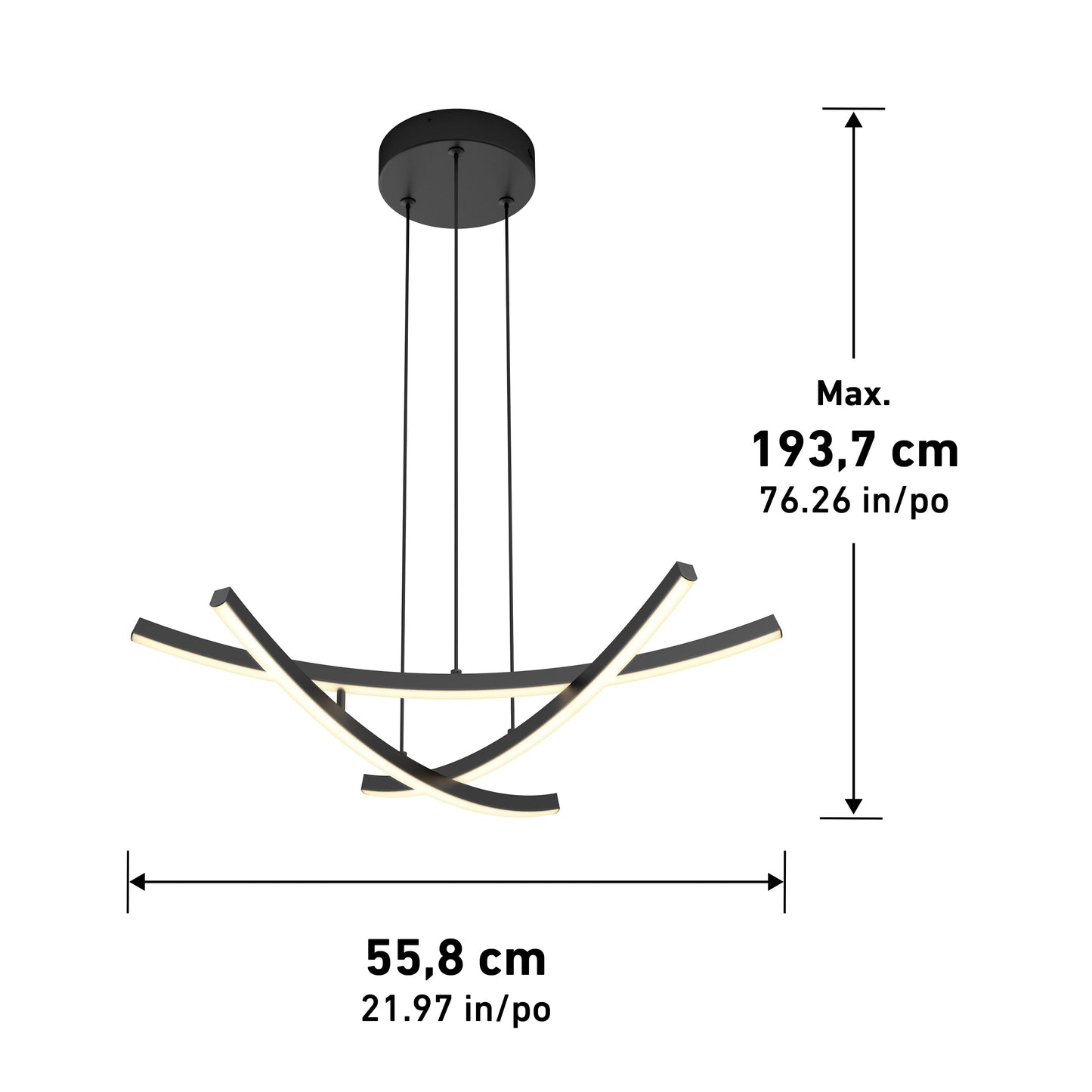 The Orly modern LED pendant light 5 CCT by Artika-CAN-dev features three intersecting curved bars, max hanging height of 193.7 cm (76.26 in.), and width of 55.8 cm (21.97 in.), with measurements clearly labeled with arrows.