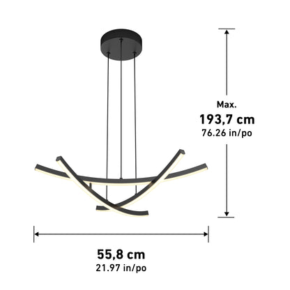 The Orly modern LED pendant light 5 CCT by Artika-CAN-dev features three intersecting curved bars, max hanging height of 193.7 cm (76.26 in.), and width of 55.8 cm (21.97 in.), with measurements clearly labeled with arrows.