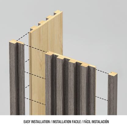 An illustration showing wooden panels being easily assembled together using a tongue and groove system; arrows indicate the installation steps. Text below reads: EASY INSTALLATION / INSTALLATION FACILE / FÁCIL INSTALACIÓN.