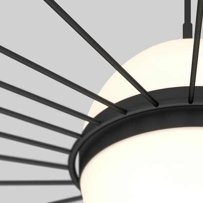 Close-up of the Artika Tolena LED pendant light 3 CCT, featuring a round white shade and multiple black metal spokes radiating outward against a light gray background.