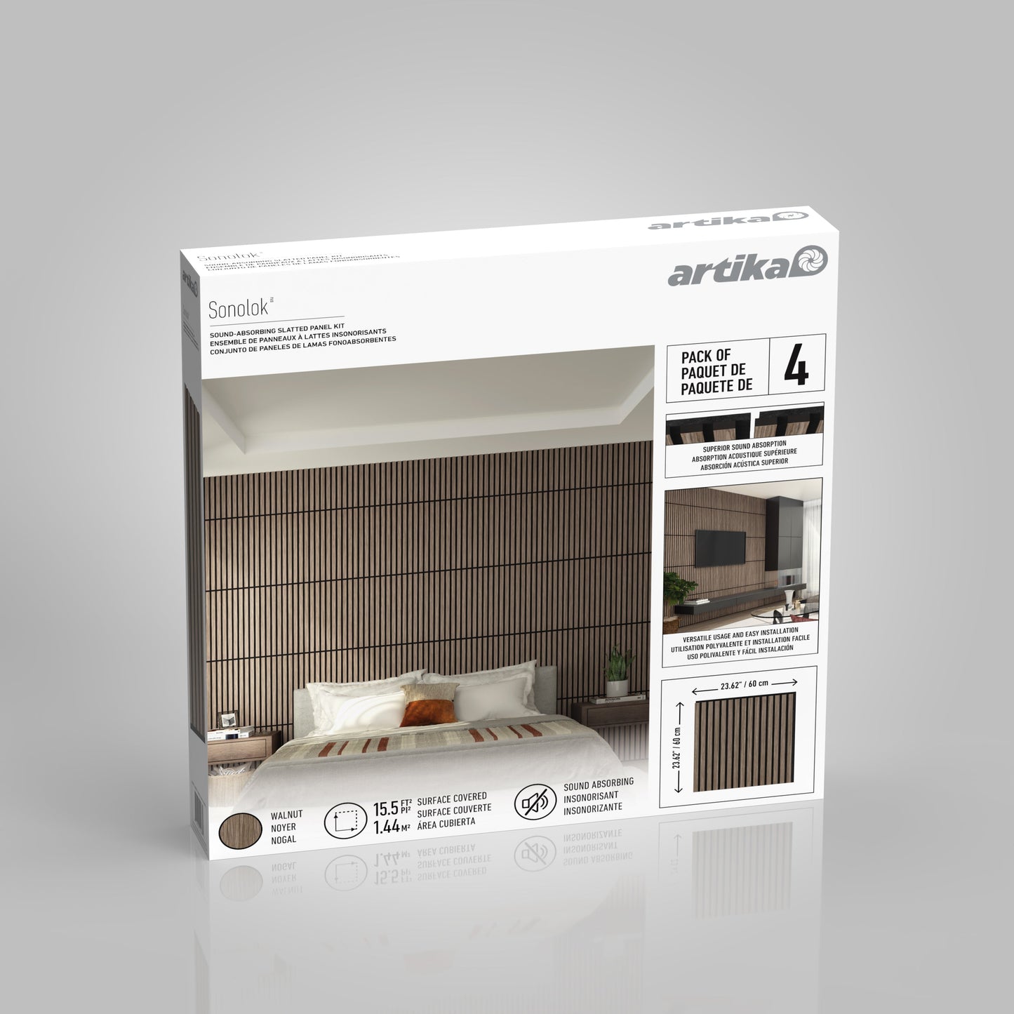 A box of Artika-CAN-dev Sonolok 15.5 ft sound-absorbing wall panel kit contains 4 walnut panels, shown with a modern bedroom featuring wood slats behind the bed, and displays product details on the package.
