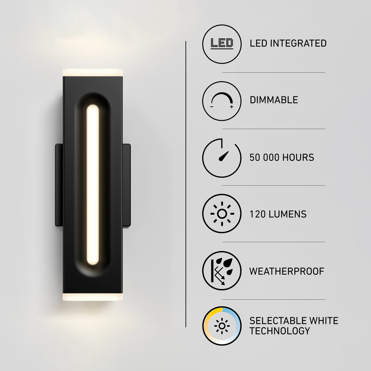 A black modern wall light is shown on the left. On the right, icons and text highlight features: LED integrated, dimmable, 50,000 hours lifespan, 120 lumens, weatherproof, and selectable white technology.