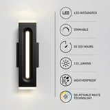 A black modern wall light is shown on the left. On the right, icons and text highlight features: LED integrated, dimmable, 50,000 hours lifespan, 120 lumens, weatherproof, and selectable white technology.