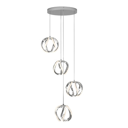 The Artika Vivaldi LED 4-light pendant features four intertwined chrome-finished rings with integrated LED lights, suspended at varying heights from a round ceiling mount.