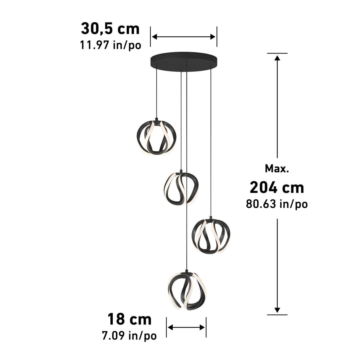 Artika’s Vivaldi LED 4-light pendant, modern black design, shown with dimensions and max height in cm/inches for easy reference.