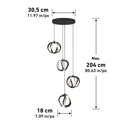 Artika’s Vivaldi LED 4-light pendant, modern black design, shown with dimensions and max height in cm/inches for easy reference.
