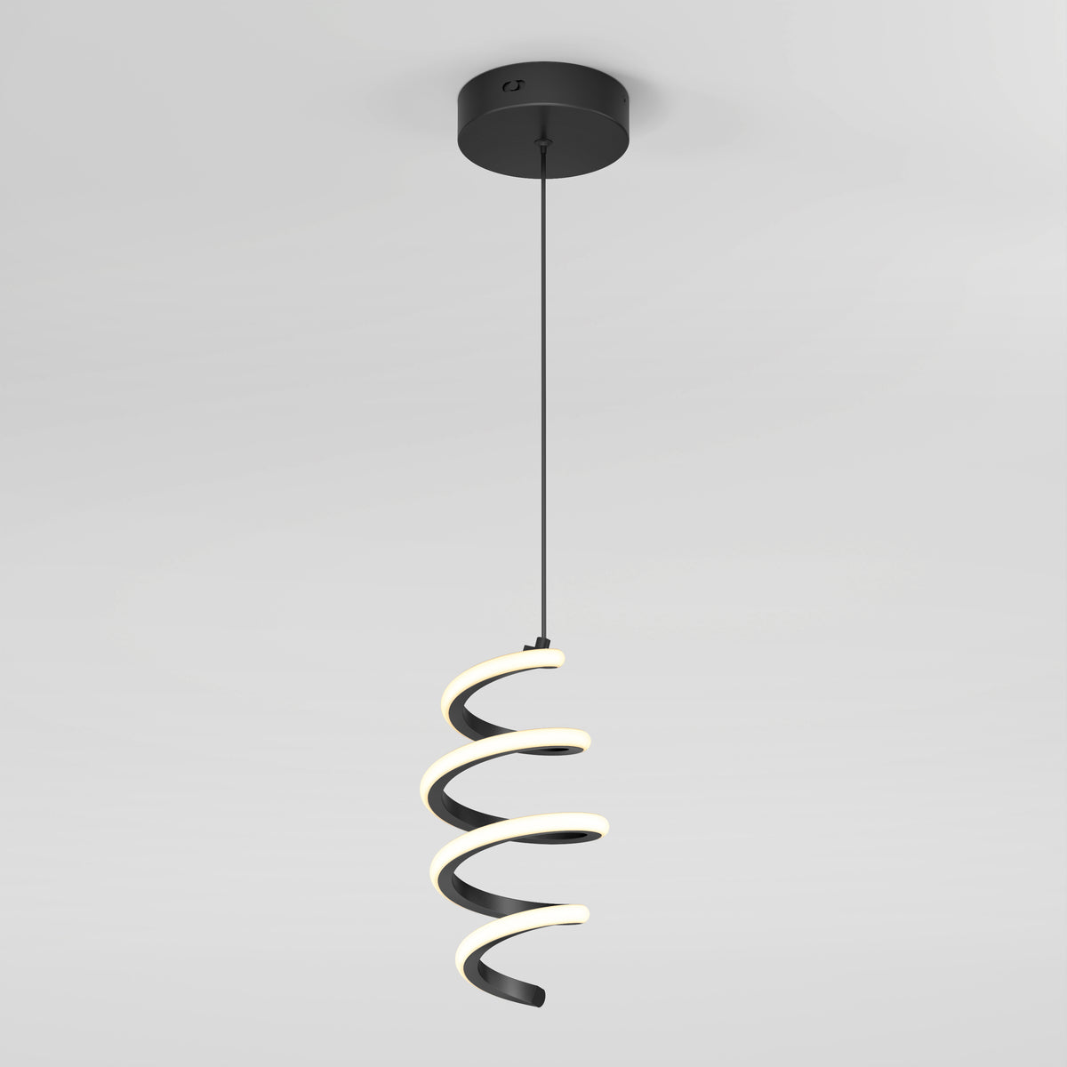 A modern pendant light featuring a black spiral design with integrated LED lighting, hanging from a ceiling mount against a plain white background.