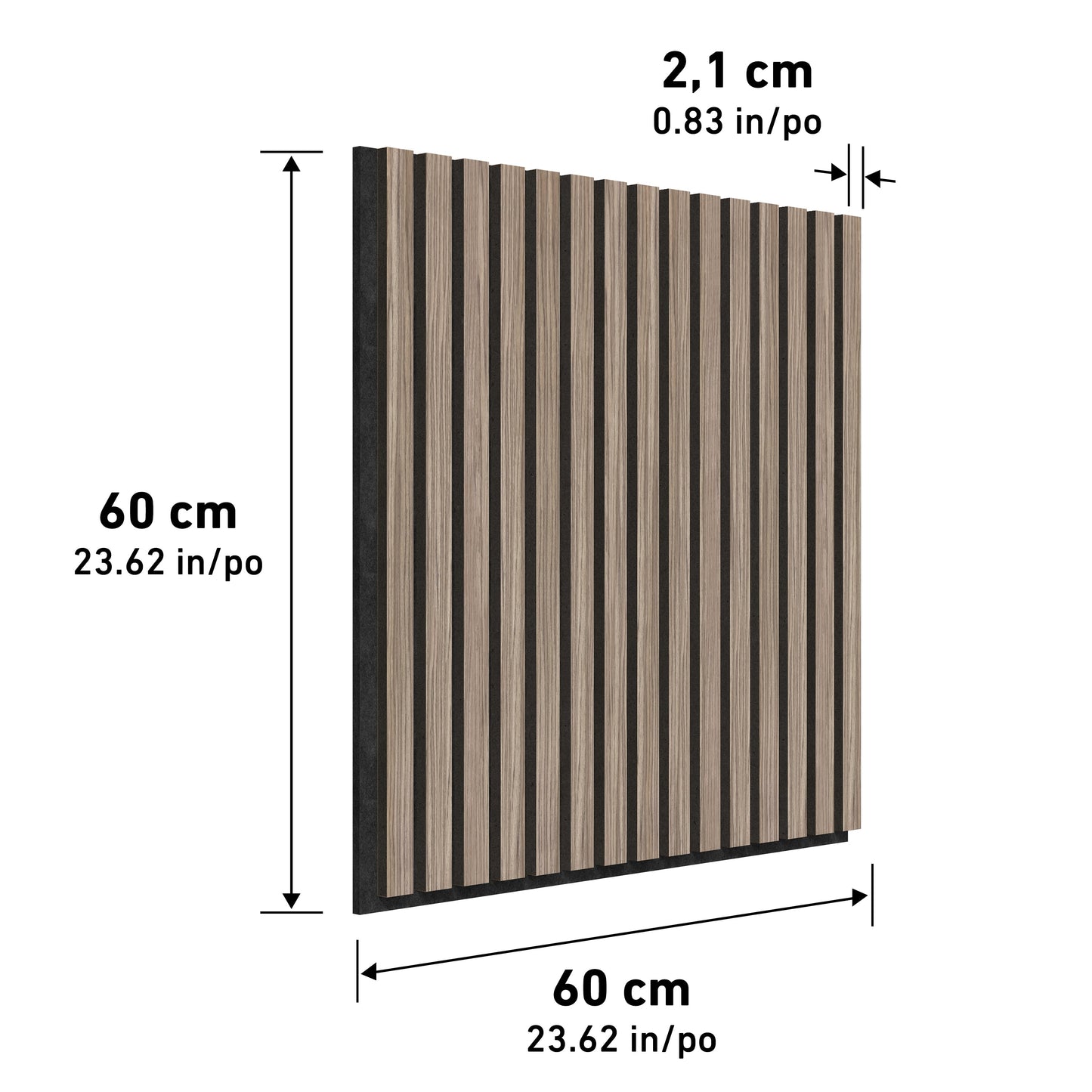 Artika-CAN-devs Sonolok 15.5 ft sound-absorbing wall panel kit features square panels (60 x 60 x 2.1 cm) with vertical wood and black slats, shown angled with labeled dimensions.