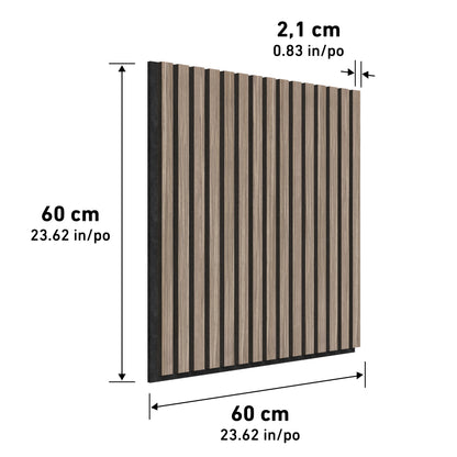 Artika-CAN-devs Sonolok 15.5 ft sound-absorbing wall panel kit features square panels (60 x 60 x 2.1 cm) with vertical wood and black slats, shown angled with labeled dimensions.