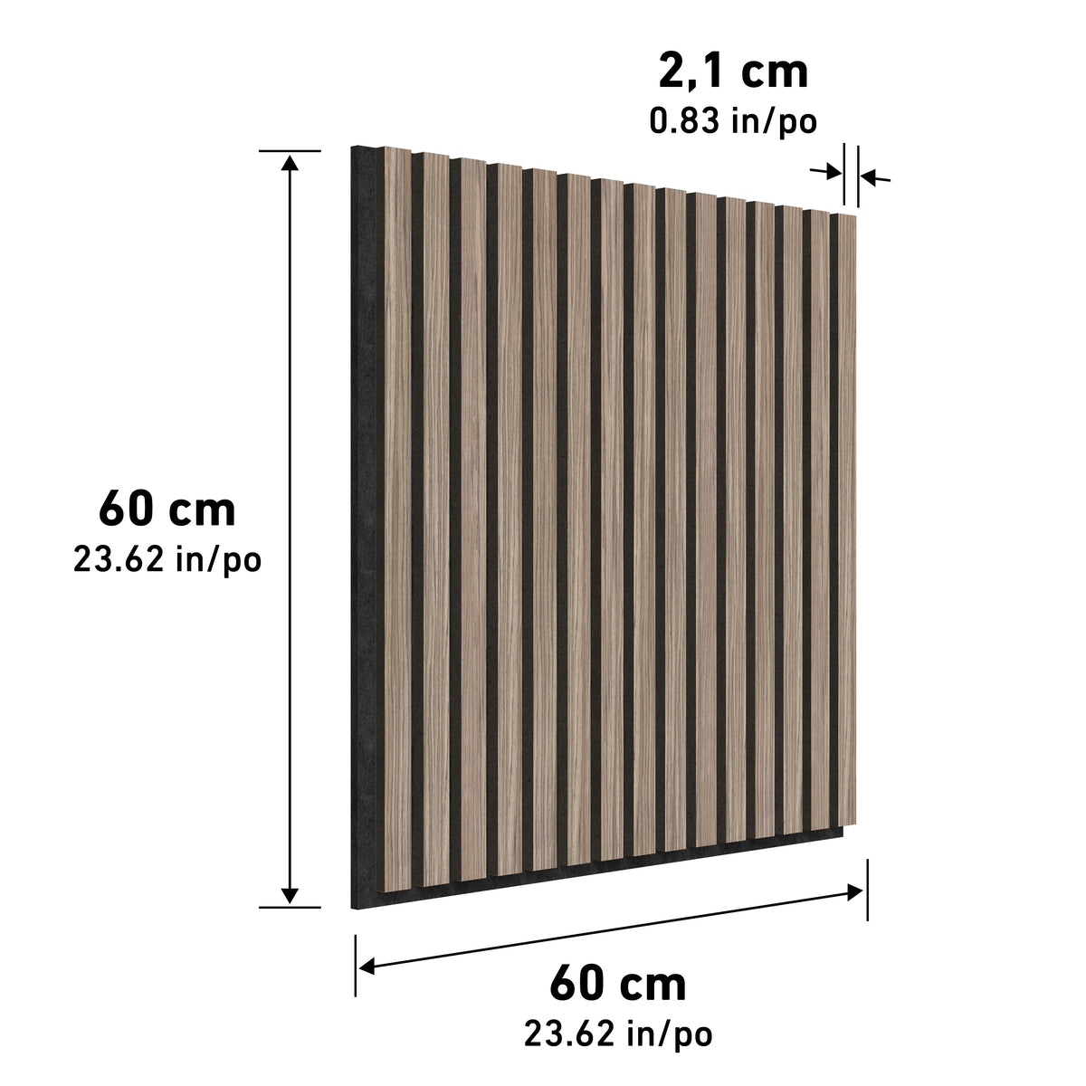 A square wood panel with vertical black stripes, measuring 60 cm by 60 cm (23.62 in by 23.62 in), and 2.1 cm (0.83 in) thick. Measurements with arrows are shown around the panel.