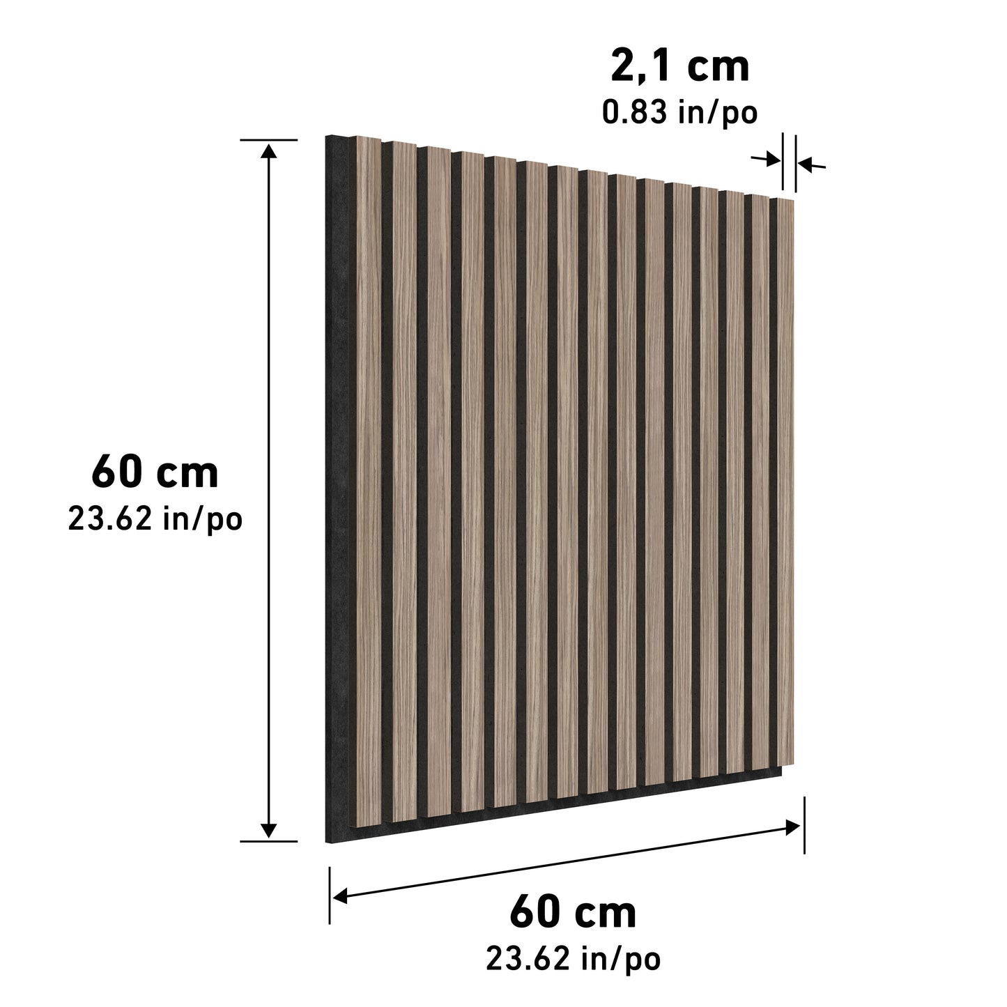 The Artika Sonolok 15.5 ft sound-absorbing wall panel kit features square wooden panels with vertical black slats, each measuring 60 x 60 cm (23.62 x 23.62 in) and 2.1 cm (0.83 in) thick, with dimensions marked on every side.