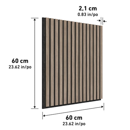 The Artika Sonolok 15.5 ft sound-absorbing wall panel kit features square wooden panels with vertical black slats, each measuring 60 x 60 cm (23.62 x 23.62 in) and 2.1 cm (0.83 in) thick, with dimensions marked on every side.