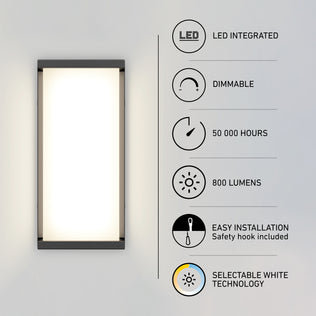 Faro modern LED indoor-outdoor wall light 3 CCT featuring 800 lumens, dimmable integrated lighting, a 50,000-hour lifespan, and easy installation.