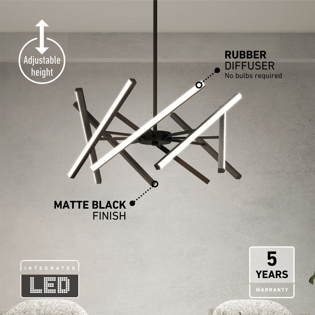 Modern chandelier with matte black finish and LED light bars, featuring an adjustable height, rubber diffuser, and five-year warranty. Text highlights integrated LED and maintenance-free design.