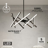 Modern chandelier with matte black finish and LED light bars, featuring an adjustable height, rubber diffuser, and five-year warranty. Text highlights integrated LED and maintenance-free design.