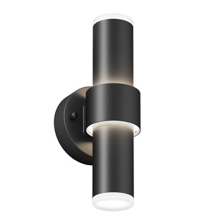 The Artika Dani modern LED indoor-outdoor wall light 5 CCT is a black cylindrical sconce that mounts vertically and emits light from both the top and bottom.