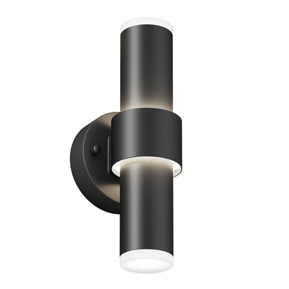 The Artika Dani modern LED indoor-outdoor wall light 5 CCT is a black cylindrical sconce that mounts vertically and emits light from both the top and bottom.