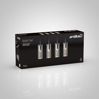 A black Artika box displays the Bubble Flow 4-light pendant with cylindrical glass shades, set against a light grey background.