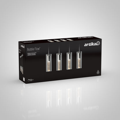 A black Artika box displays the Bubble Flow 4-light pendant with cylindrical glass shades, set against a light grey background.