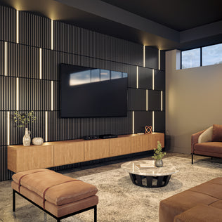 Modern living room with Artika Lumilok LED Wall Panel Light for Sonolok, remote, large TV, wooden console, coffee table, and brown seating.