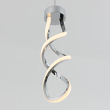 A modern pendant light with a twisted, spiral design combining polished chrome and glowing white LED strips, suspended from a circular ceiling mount against a plain light gray background.