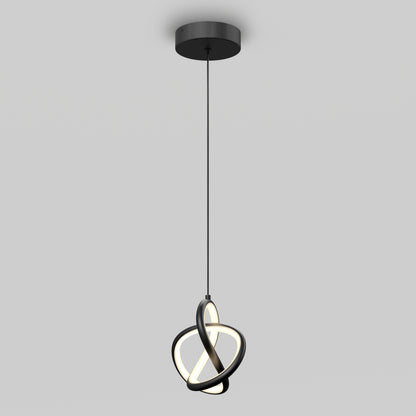 The Artika Zephyr LED pendant features intertwined glowing rings in a sleek black design, suspended from a ceiling mount and showcased against a plain gray background.