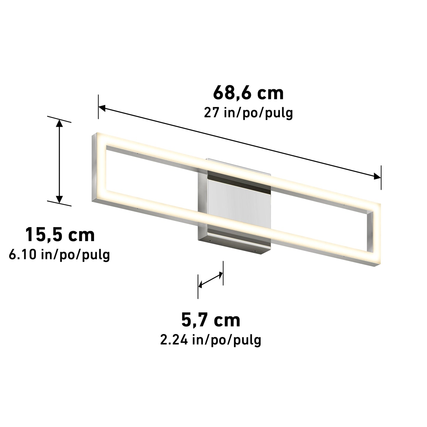 The Dover modern LED bathroom vanity light 5 CCT by Artika-CAN-dev features a rectangular, open-frame design, measuring 68.6 cm wide, 15.5 cm tall, and 5.7 cm deep with both metric and imperial dimensions shown.